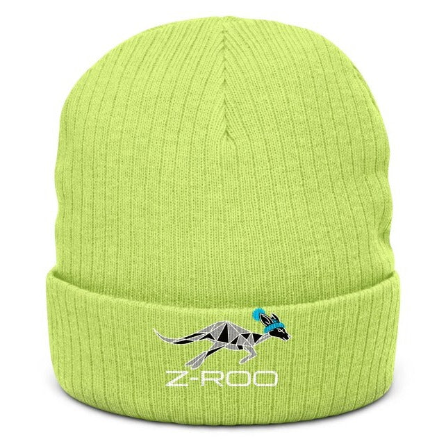 Z-Roo embroidered ribbed beanie – Acid Green