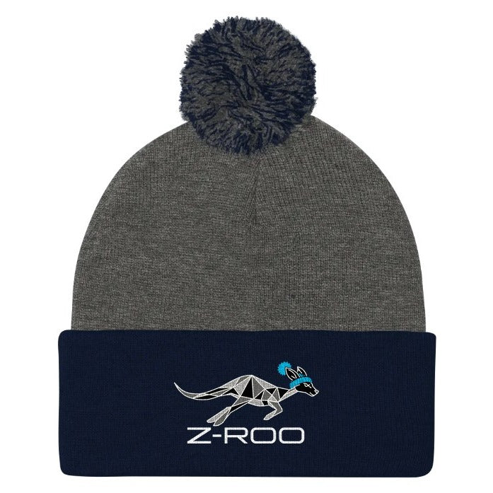 Z-Roo embroidered pom-pom beanie – Dark Heather Grey / Navy