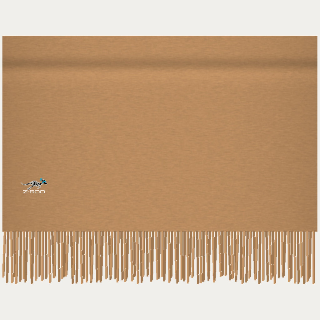 Close-up of the Z-Roo logo on the camel scarf