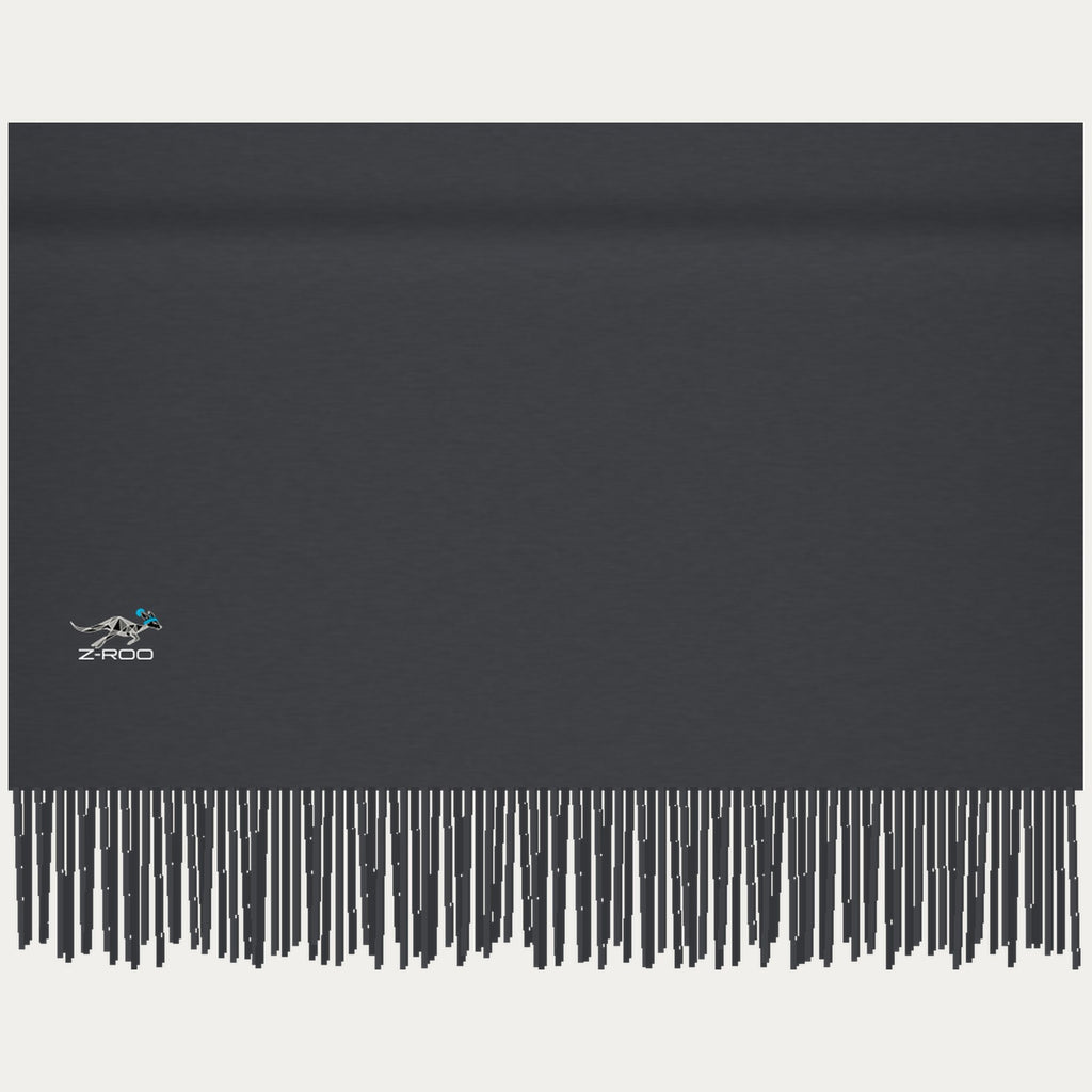 Close-up of the Z-Roo logo on the charcoal scarf