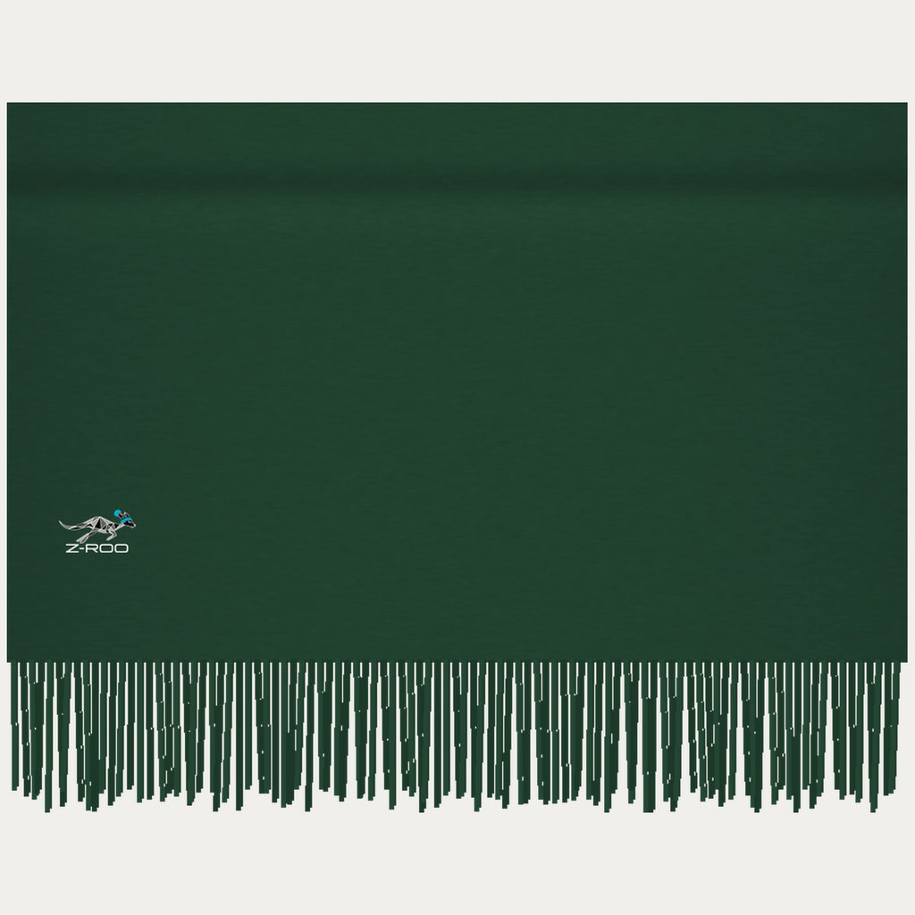 Close-up of the Z-Roo logo on the forest green scarf