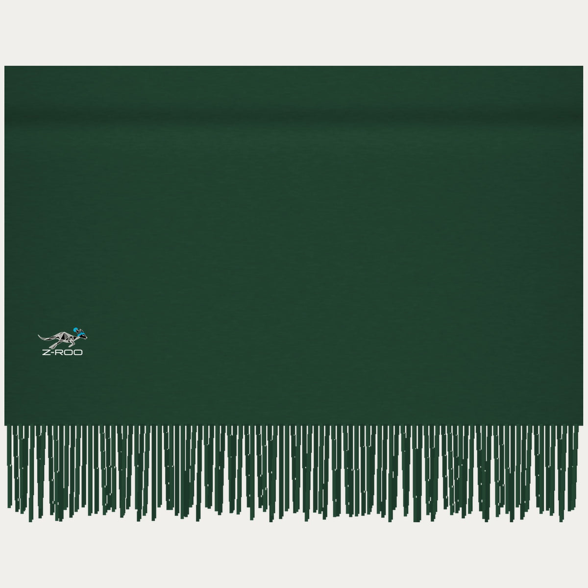 Close-up of the Z-Roo logo on the forest green scarf